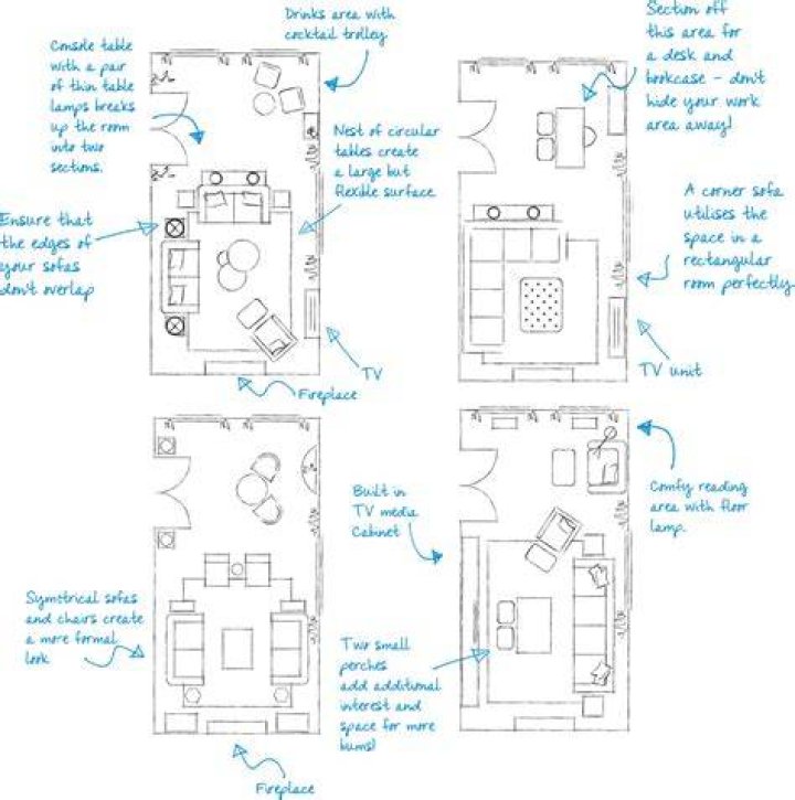 rectangular living room layout with tv